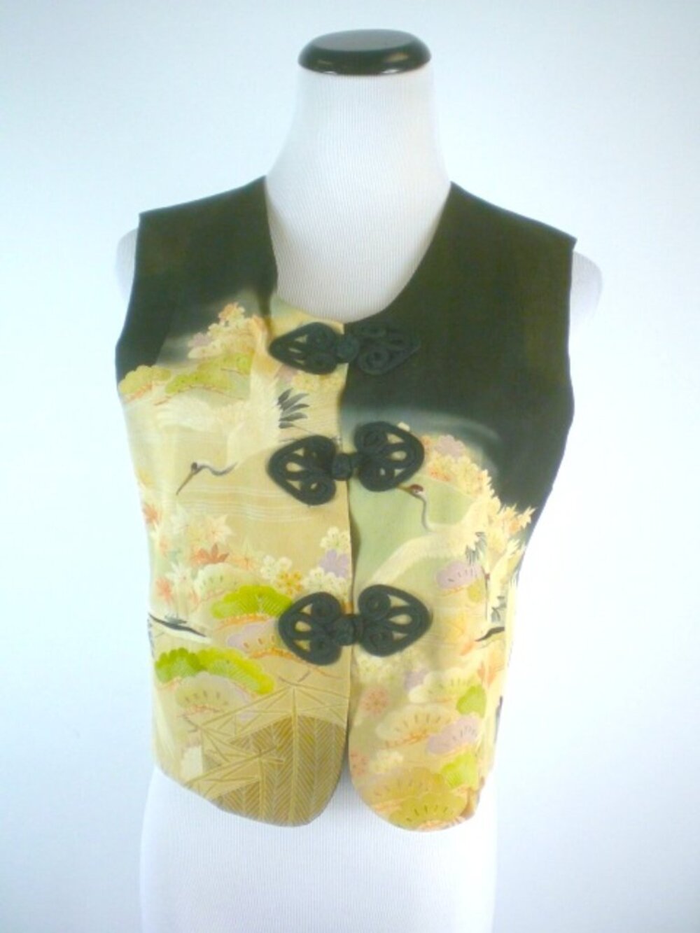 MAX & MABEL VINTAG button up VEST olive brown gold S sleeveless asian floral